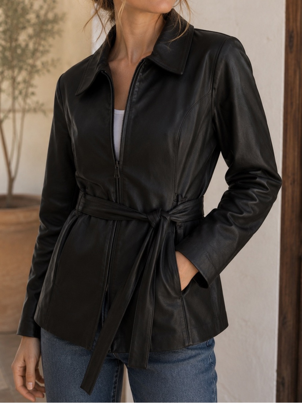 Sonoma Genuine Leather Trench Jacket Medium Black Belted Zippered Tie Waist Moto